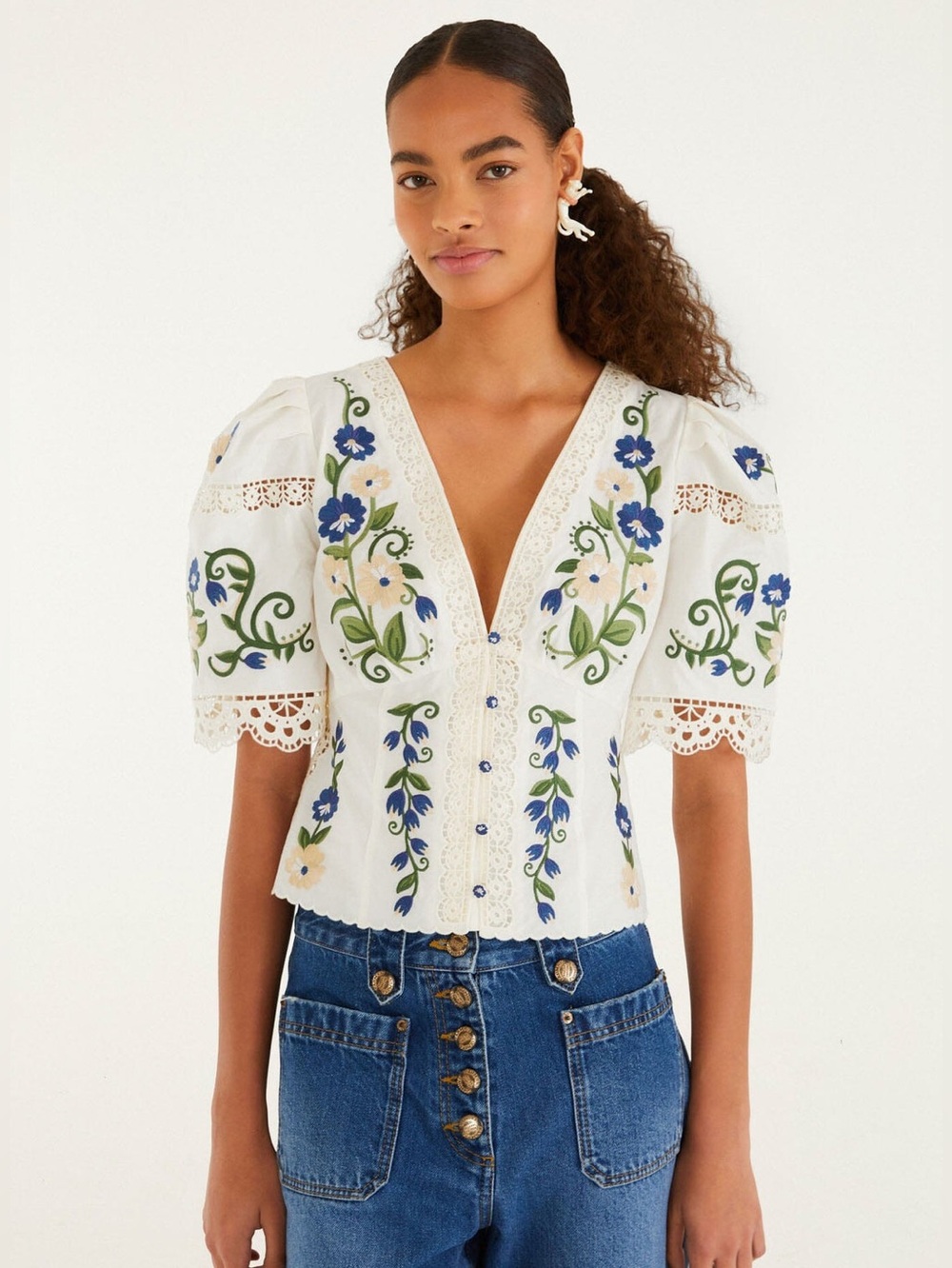 Farm Rio Countryside Lane Embroidered Short Sleeve Blouse NWT XS - Picture 2 of 9